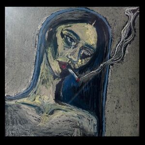 Unknown Blue-Grey Abstract Portrait Painting 12x12 Framed